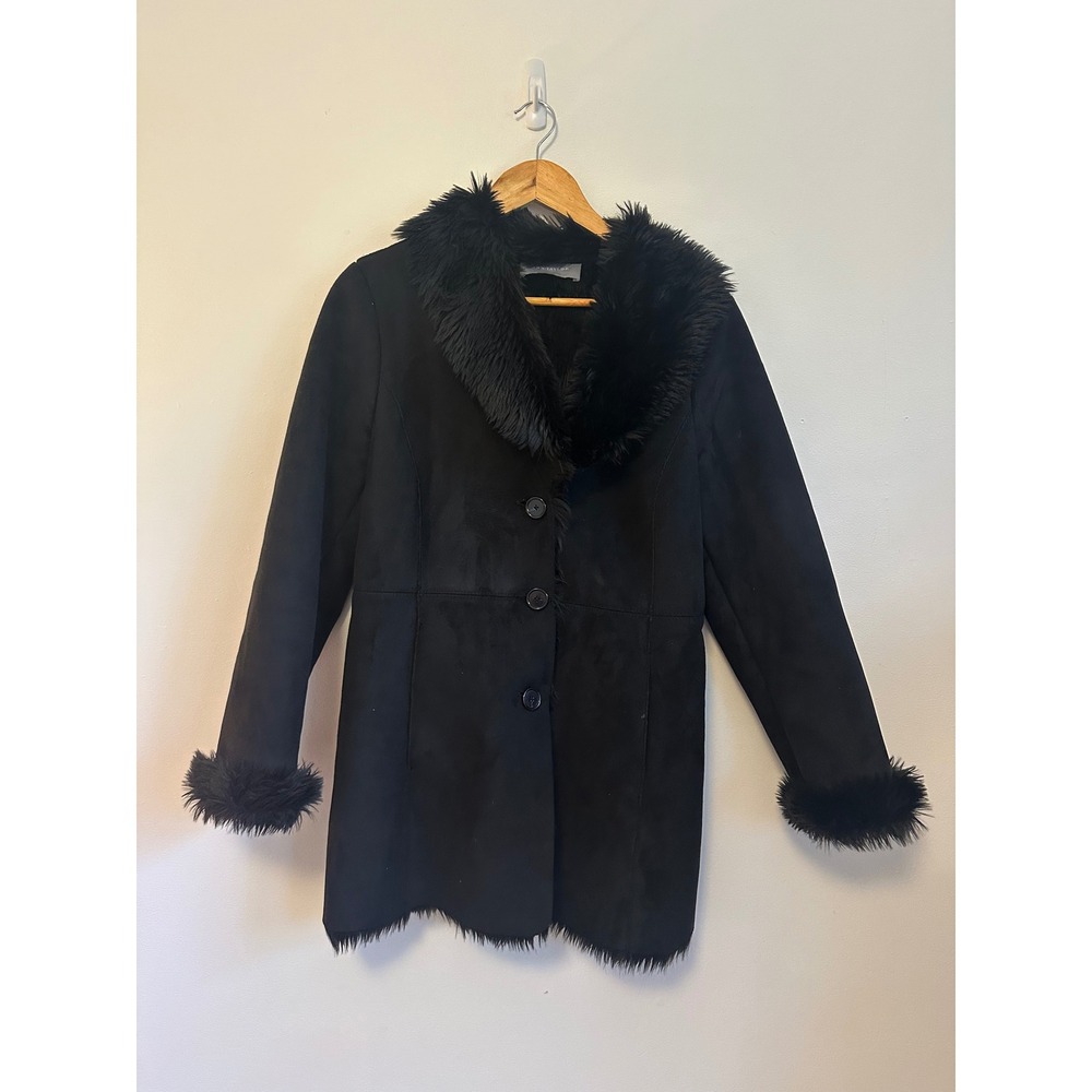 Ann Taylor Black Faux Suede Faux Fur Collar Trim Jacket | Size Small